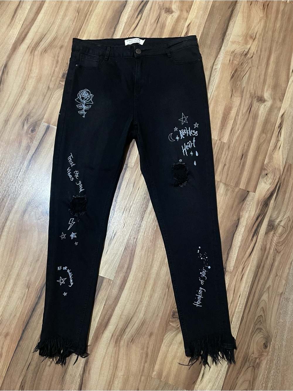 Streetwear Society Black Denim Doodle Jeans Emo Grunge Alt Punk Distressed Fring